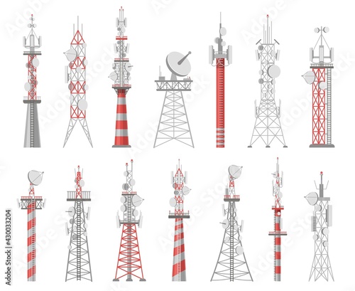 Wireless towers. Telecommunication network tower. Mobile and radio airwave connection systems. Communication satellite antennas vector set