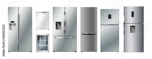 Modern fridges set. Realistic silver coolers, refrigerators of different size for kitchen