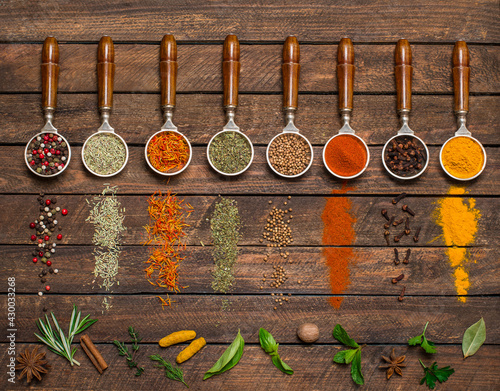 Variety of spices in vintage spoons on rustic wooden background.