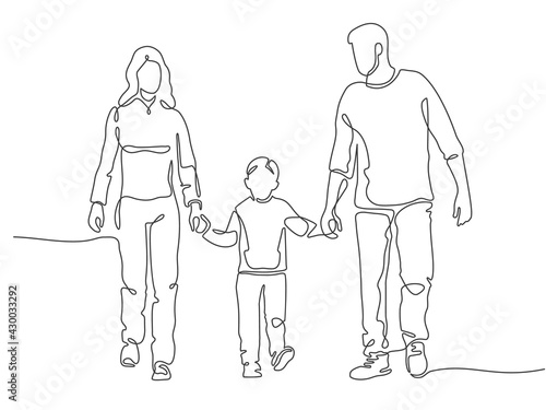Continuous line family. Happy mother, father and child walking. Linear silhouette of couple with kid. Family protect outline vector concept