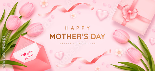 Mother's day poster or banner with realistic sweet hearts, bouquet of tulips, envelope and pink gift box on pink background. Vector illustration