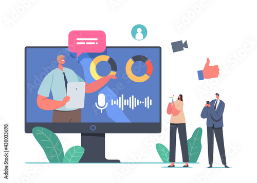 Online Business Presentation, Characters on Training or Seminar in Office, Trainer Give Virtual Financial Consultation, Data Analysis Statistics Charts and Graphs. Cartoon People Vector Illustration