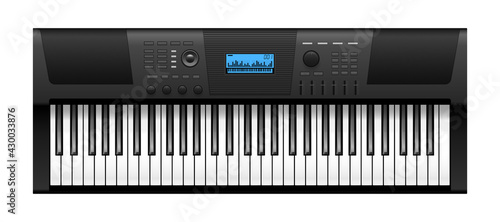 Music synthesizer. Realistic electric piano keyboards, top view. Electronic musical instrument photo