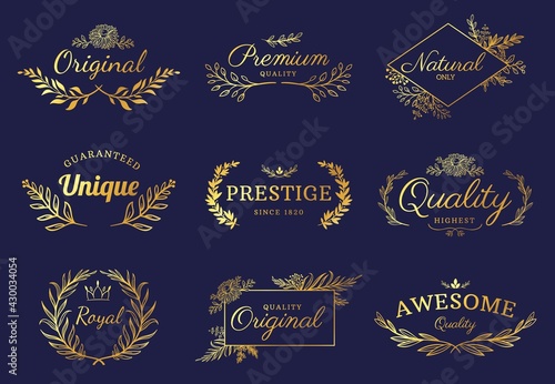 Golden ornament labels. Luxury floral badges and logo with leaf, flowers and crown. Vintage gold royal premium flourishes element vector set