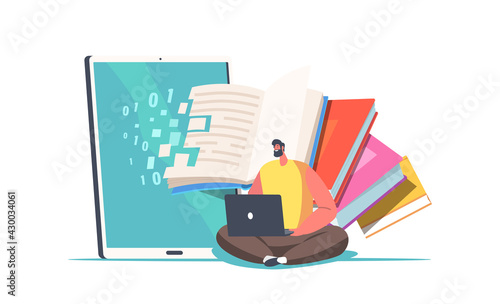 Tiny Character with Laptop in Hands Sitting at Huge Books Converting Information from Paper Pages into Digital Version
