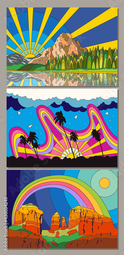 Psychedelic Color Landscapes, Colorful Scenery Set, Forest, Lake and Mountains, Palm Trees and Beach, American Desert 