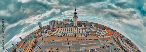 Beautiful panoramic aerial drone skyline view of The Jabłonowski Palace (Polish: Pałac Jabłonowskich) is a historic palace on Theatre Square in the Downtown district of Warsaw, Poland, EU photo