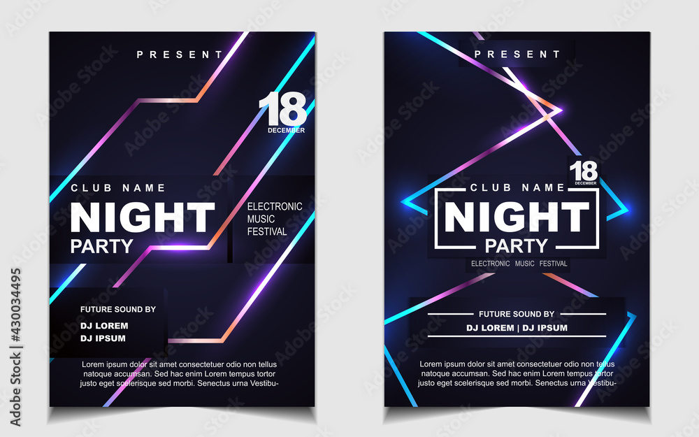 Night dance party music layout cover design template background with colorful dark blue glitters style. Light electro vector for music event concert disco, club invitation, festival poster, flyer Night dance party music layout cover design template background with colorful dark blue glitters style. Light electro vector for music event concert disco, club invitation, festival poster, flyer