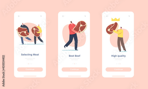 High Quality Meat Mobile App Page Onboard Screen Template. Tiny Characters with Huge Beef or Pork Steaks, Butchery