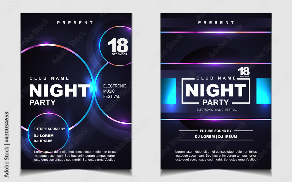 Night dance party music layout cover design template background with colorful dark blue glitters style. Light electro vector for music event concert disco, club invitation, festival poster, flyer