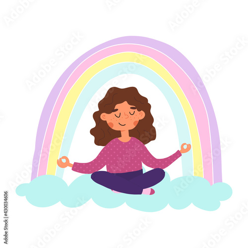 Cute girl sits on the cloud and meditates in lotus pose, the rainbow above her head. Positive vibes, calm kid concept.