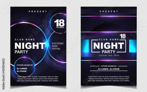 Night dance party music layout cover design template background with colorful dark blue glitters style. Light electro vector for music event concert disco, club invitation, festival poster, flyer