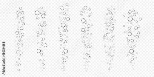 Underwater fizzy air, oxygen or water bubbles isolated on white background. Realistic illustration of fizzing sparkles in effervescent drink. Soda or champagne texture