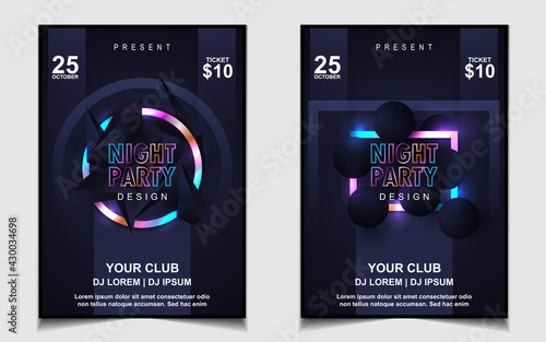 Night dance party music layout cover design template background with colorful dark blue glitters style. Light electro vector for music event concert disco, club invitation, festival poster, flyer