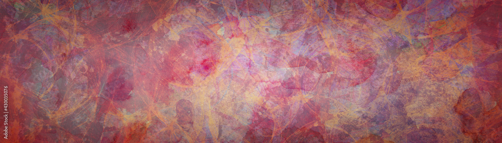 Abstract grunge texture pattern on old painted background, colorful gold, pink, red and yellow distressed circle pattern on peeling painting