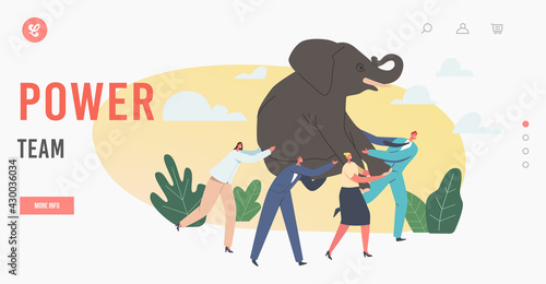 Teamwork Landing Page Template. Business Power Team Holding Huge Elephant on Hands, Businesspeople Teammates Challenge