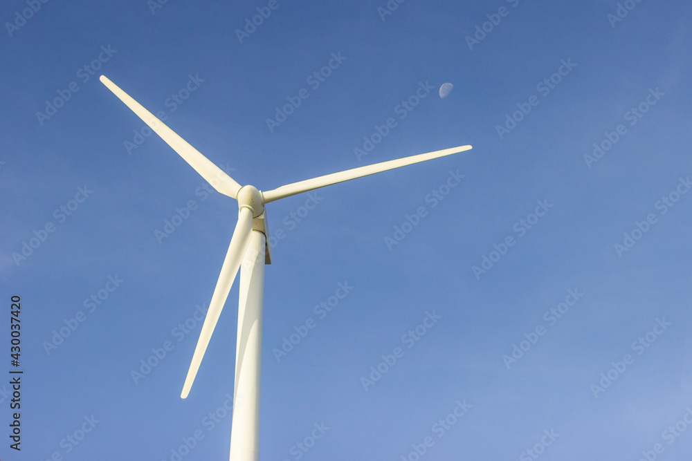Wonderful wind turbines for renewable energy with the moon over blue sky in spain Wonderful wind turbines for renewable energy with the moon over blue sky in spain
