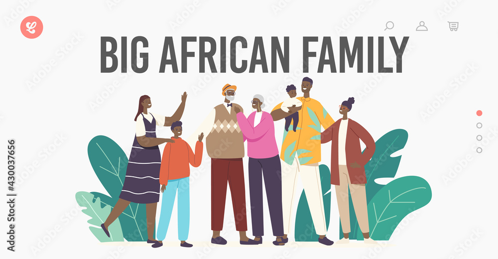 Obraz premium Big African Family Landing Page Template. Father, Mother, Grandparents and Children Characters Hugging, Holding Hands