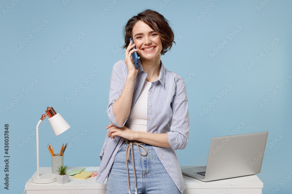 Young successful fun secretary employee business woman in casual shirt ...