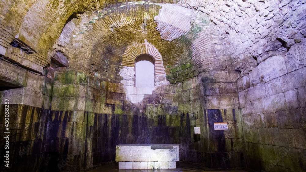 Diocletian's Palace, underground city of Split. Croatia. Bearing walls, columns and arches under the city, remains of the Roman civilization of the historic center of the city. Architectural complex