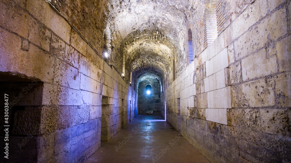 Diocletian's Palace, underground city of Split. Croatia. Bearing walls, columns and arches under the city, remains of the Roman civilization of the historic center of the city. Architectural complex