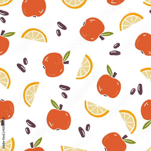 Fototapeta Naklejka Na Ścianę i Meble -  Hand drawn seamless pattern of simple apple, orange. Doodle sketch style. Fruit pattern for food shop, fruit wallpaper, background, textile design