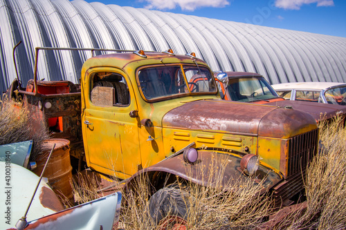 Exterior of vintage retro truck in a junkyard.
