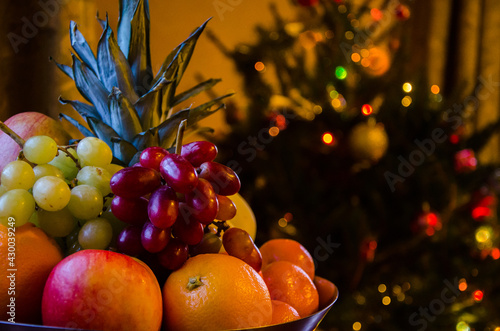 Exotic fruit bowl with Christmas tree