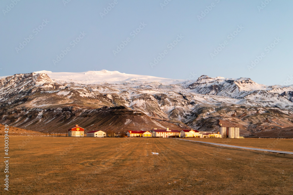 A Farm in Front of the volcano eyjafjallajökull, Iceland, Europe in Winter