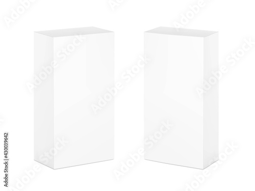 Realistic cardboard box mockup. Perspective view. Vector illustration isolated on white background. Can be use for food, medicine, cosmetic and etc. Ready for your design. EPS10. 