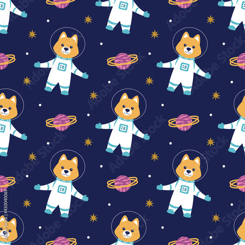 seamless pattern with dog astronaut, vector illustration