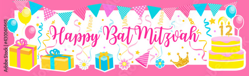 Bat Mitzvah invitation or congratulation card. Jewish holiday, girl's birthday. Vector illustration