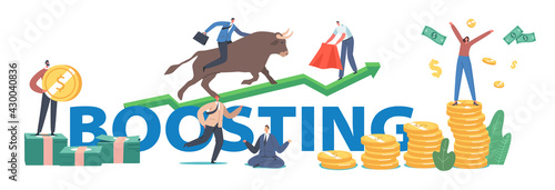 Boosting Concept. People Trading on Bull Stock Market. Brokers or Traders Characters Analyse Global Fond and Finance