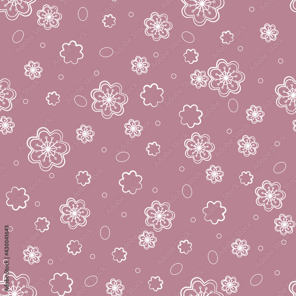 Seamless floral pattern of sakura flowers, apple trees with petals and stamens. Vector illustration for wallpaper, textile, background in pink pastel colors. Seamless floral pattern of sakura flowers, apple trees with petals and stamens. Vector illustration for wallpaper, textile, background in pink pastel colors.