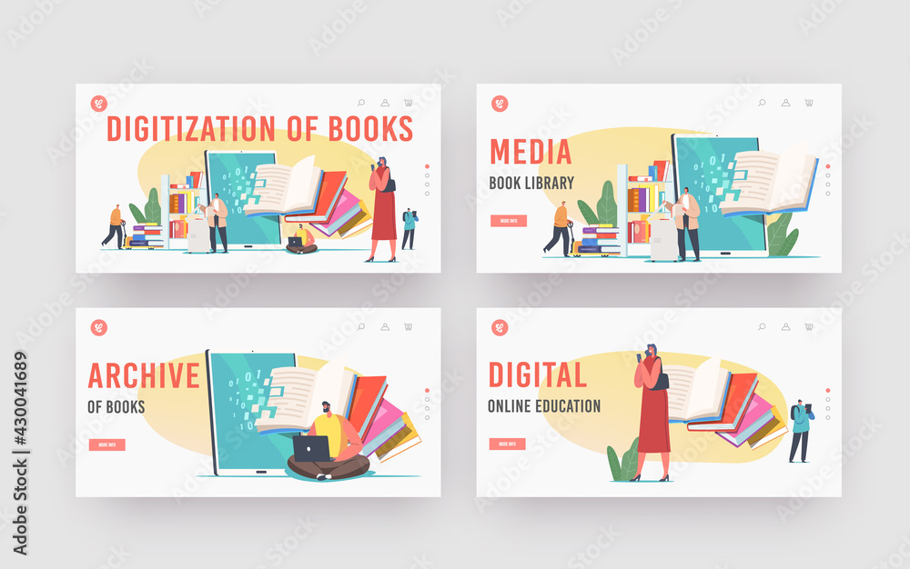 Books Digitization Landing Page Template Set. Librarian Characters Scan Pages Converting Information into Digital Data Books Digitization Landing Page Template Set. Librarian Characters Scan Pages Converting Information into Digital Data