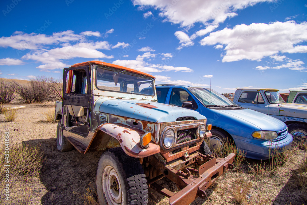 Exterior of vintage retro truck in a junkyard.