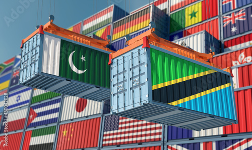 Freight containers with Pakistan and Tanzania national flags. 3D Rendering 