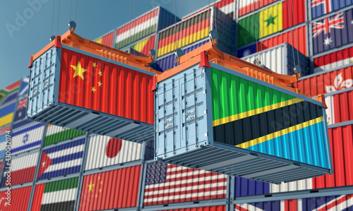 Freight containers with China and Tanzania national flags. 3D Rendering 
