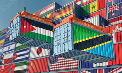 Freight containers with Jordan and Tanzania national flags. 3D Rendering 