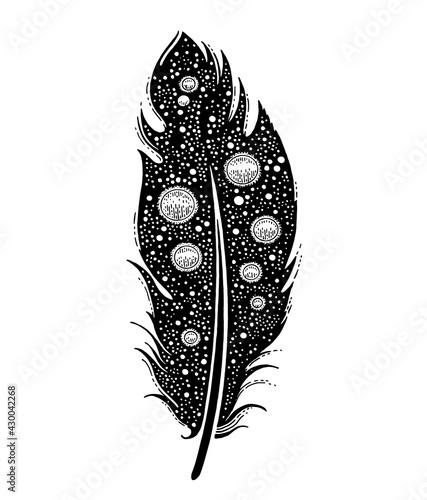 Feather vector tattoo. Bird feather black icon. Silhouette with universe design. Art illustration, symbol logo in graphic inkstyle. Boho sketch shape on white white. Galaxy space surreal symbol