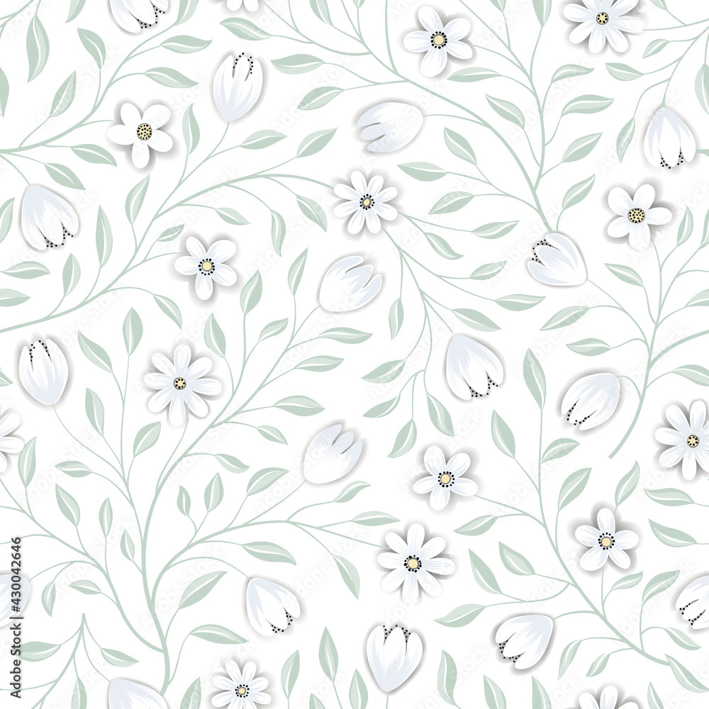 Floral seamless pattern. Flower background. Floral seamless texture with flowers. Flourish tiled white spring wallpaper Floral seamless pattern. Flower background. Floral seamless texture with flowers. Flourish tiled white spring wallpaper