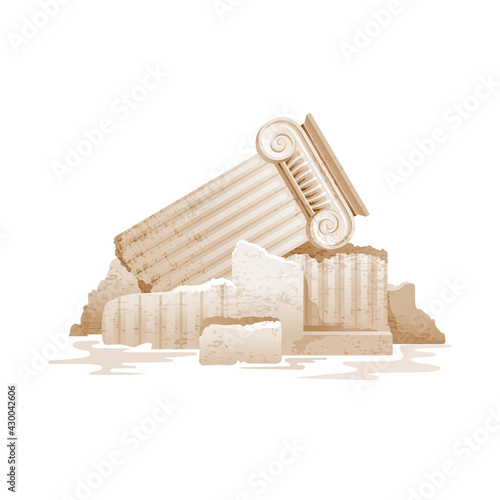 Greek column. Broken pillar vector. Ruined column illustration. Roman or Greek ancient architecture marble stones. Building ruins from Rome, Greece. Antique icon background. Old doric element