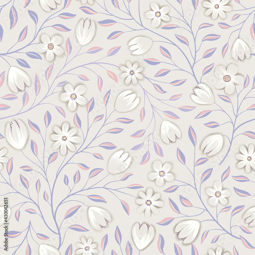 Floral seamless pattern. Flower background. Floral seamless texture with flowers. Flourish tiled white spring wallpaper