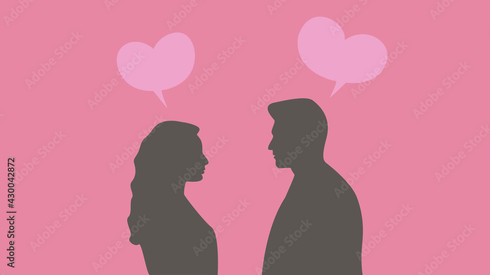Think about love. Silhouette of a couple in love.On the pink background. Illustration vector