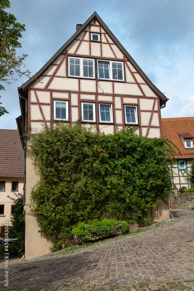 A historic, medieval half-timbered house overgrown with ivy on a descending street. The old German town of Bad Wimpfen in Baden-Wuerttemberg,, Germany. Summer photography. A historic, medieval half-timbered house overgrown with ivy on a descending street. The old German town of Bad Wimpfen in Baden-Wuerttemberg,, Germany. Summer photography.