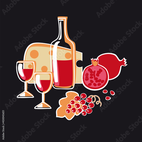 Red wine with bunch of grapes, cheese and pomegranate photo