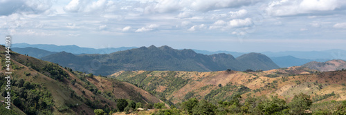 Panorama of beautiful rolling hills along the hike from Kalaw to Inle Lake