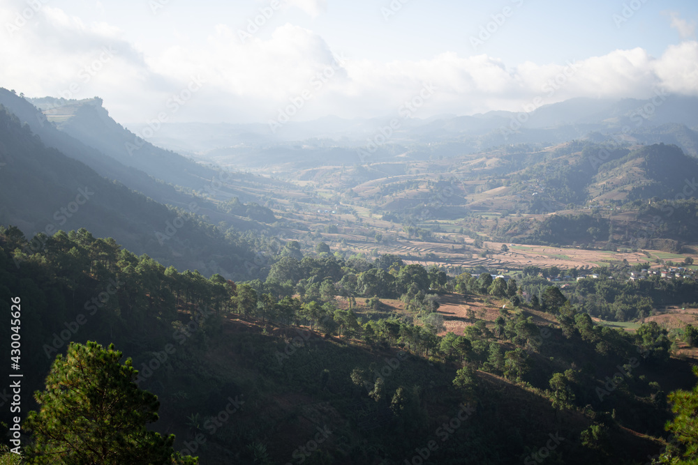 Cliff edge over a valley between Kalaw and Inle Lake, Myanmar