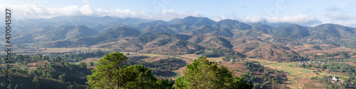 Panorama of rolling hills and farm lands with rice fields in Shan state, Myanmar