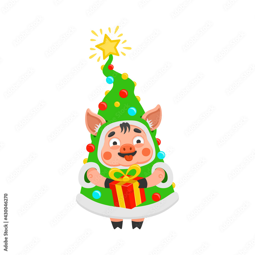 Pig character dressed as a Christmas tree gives a gift